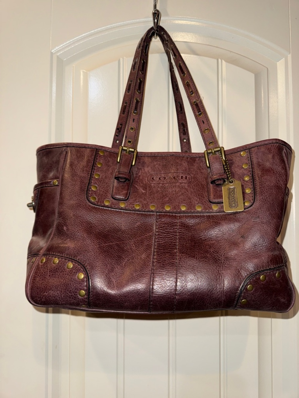 Coach Burgundy Leather Studded Tote